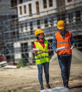 Dos trabajadores con casco y chaleco de seguridad caminan por una obra en construcción